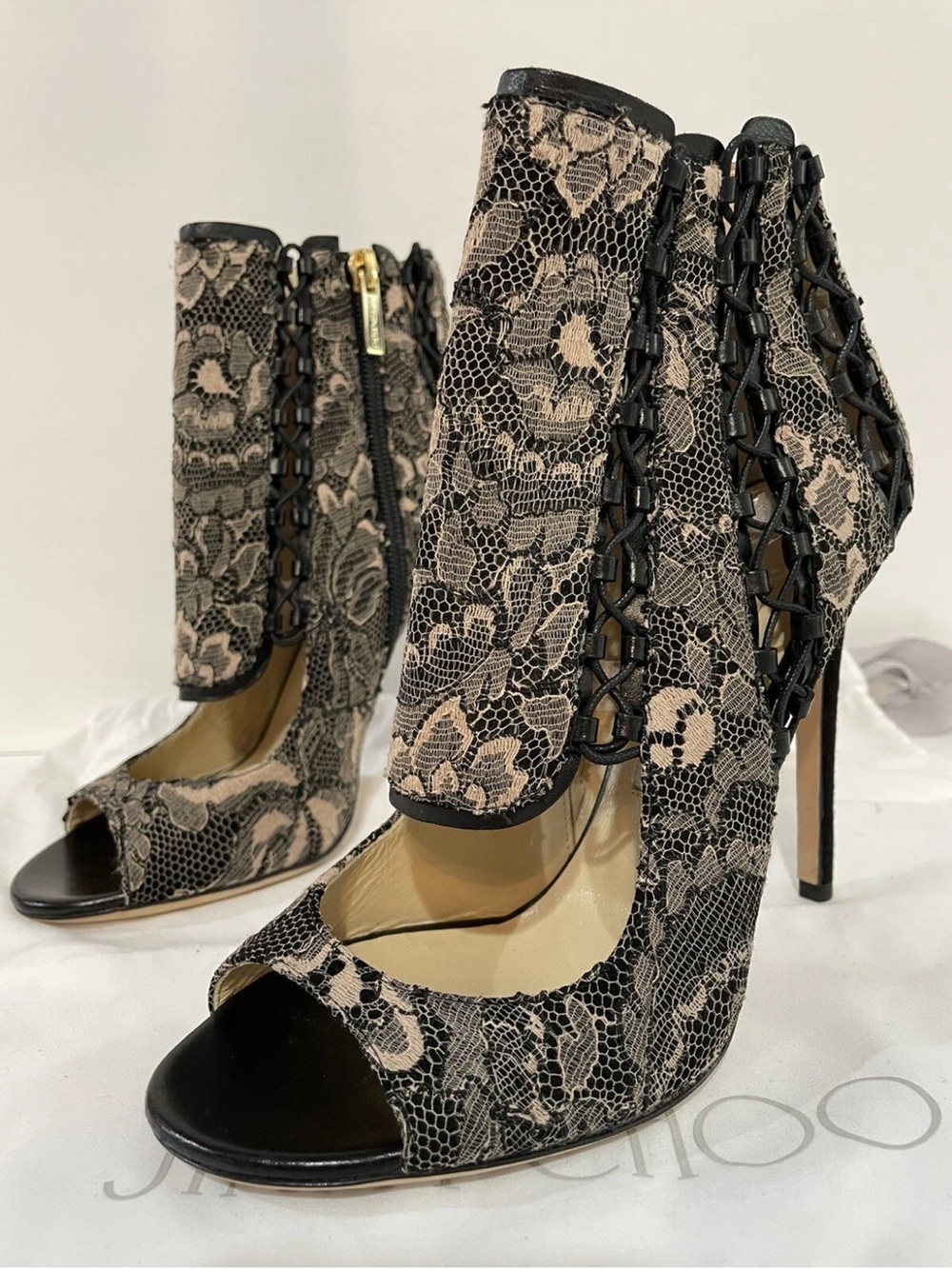 Jimmy Choo Black & Beige Lace Peep-Toe Stiletto Booties